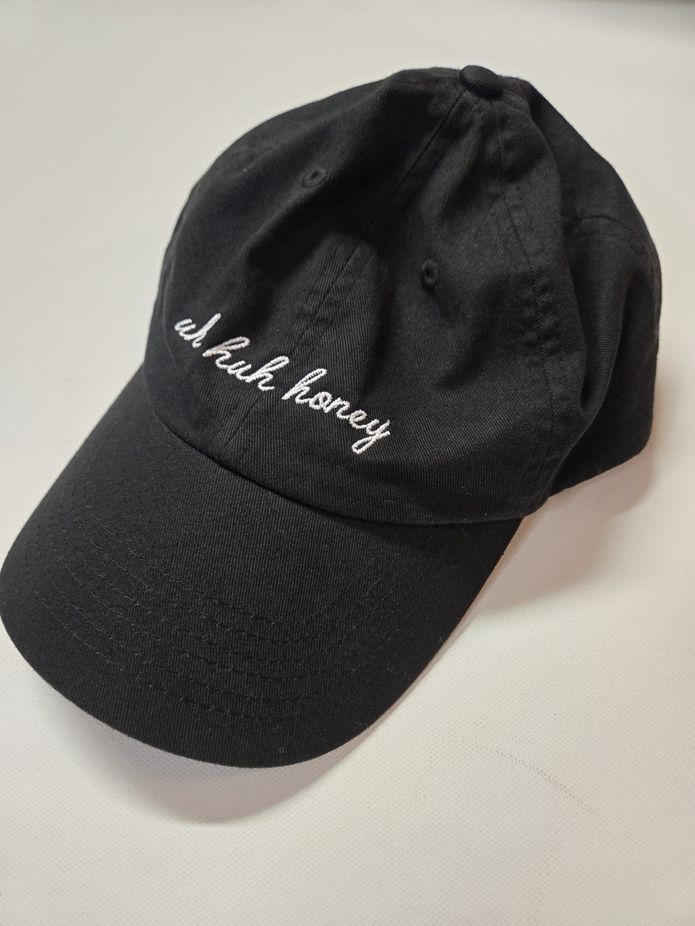 Black Baseball Cap Style with White Script "ah huh honey"